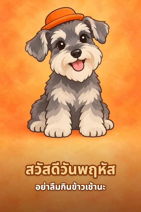 สวัสดีวันพฤหัส อย่าลืมกินข้าวเช้านะ – ลูกสุนัขมินิเจอร์ชนาวเซอร์สีเทาสวมหมวกสีส้ม