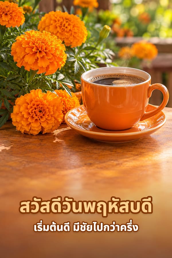สวัสดีวันพฤหัสบดี เริ่มต้นดี มีชัยไปกว่าครึ่ง – ถ้วยกาแฟสีส้มกับดอกดาวเรืองบนโต๊ะไม้