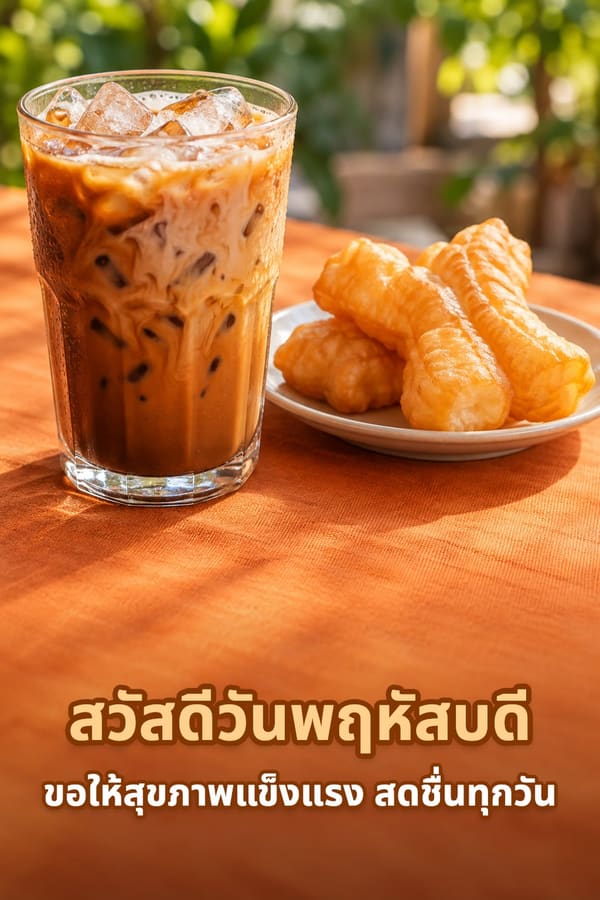 สวัสดีวันพฤหัสบดี ขอให้สุขภาพแข็งแรง สดชื่นทุกวัน – กาแฟเย็นกับปาท่องโก๋บนผ้าปูโต๊ะสีส้ม