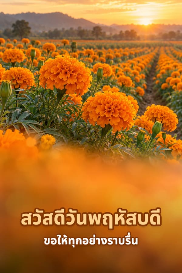 สวัสดีวันพฤหัสบดี ขอให้ทุกอย่างราบรื่น – ทุ่งดอกดาวเรืองสีส้มยามพระอาทิตย์ขึ้น