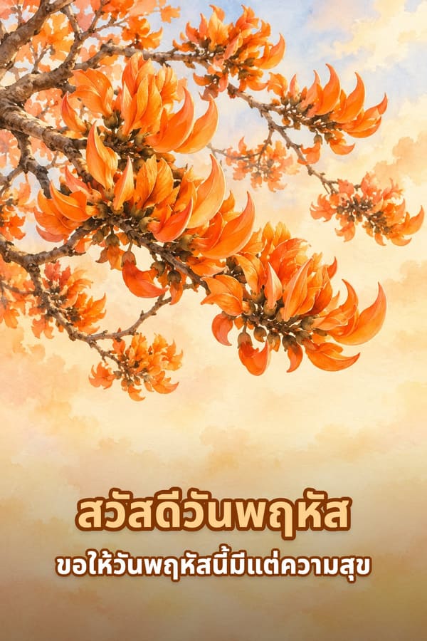 สวัสดีวันพฤหัส ขอให้วันพฤหัสนี้มีแต่ความสุข – ดอกทองกวาวสีส้มบนกิ่งไร้ใบ ภาพสีน้ำ