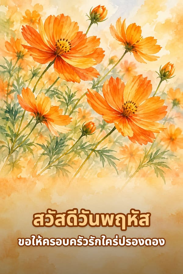 สวัสดีวันพฤหัส ขอให้ครอบครัวรักใคร่ปรองดอง – ดอกดาวกระจายสีส้มไหวตามลม ภาพสีน้ำ