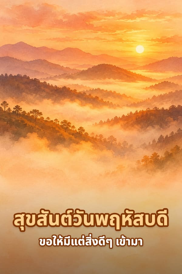 สุขสันต์วันพฤหัสบดี ขอให้มีแต่สิ่งดีๆ เข้ามา – ทิวเขาซ้อนชั้นในหมอกยามเช้าสีส้ม ภาพสีน้ำ