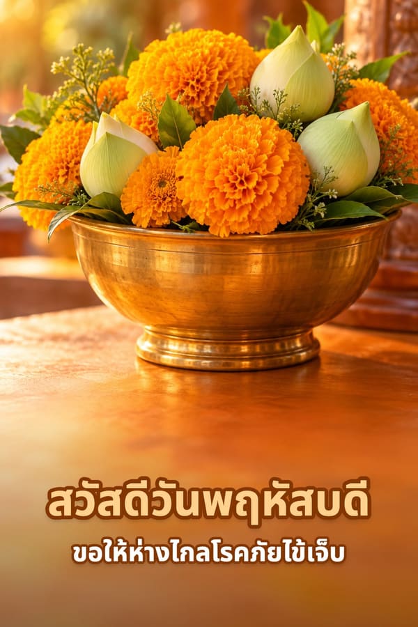 สวัสดีวันพฤหัสบดี ขอให้ห่างไกลโรคภัยไข้เจ็บ – ดอกดาวเรืองสีส้มกับดอกบัวตูมในขันทองเหลือง
