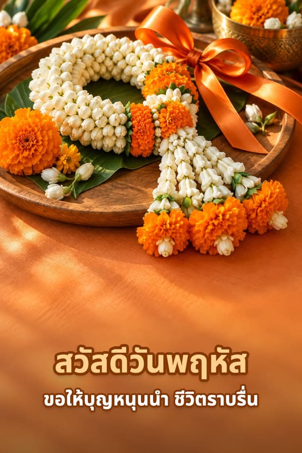 สวัสดีวันพฤหัส ขอให้บุญหนุนนำ ชีวิตราบรื่น – พวงมาลัยมะลิกับดอกดาวเรืองสีส้มบนถาดไม้