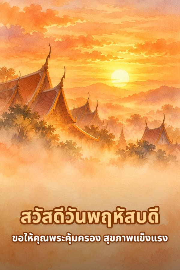 สวัสดีวันพฤหัสบดี ขอให้คุณพระคุ้มครอง สุขภาพแข็งแรง – หลังคาโบสถ์ไทยท่ามกลางหมอกกับพระอาทิตย์ขึ้นสีส้ม ภาพสีน้ำ