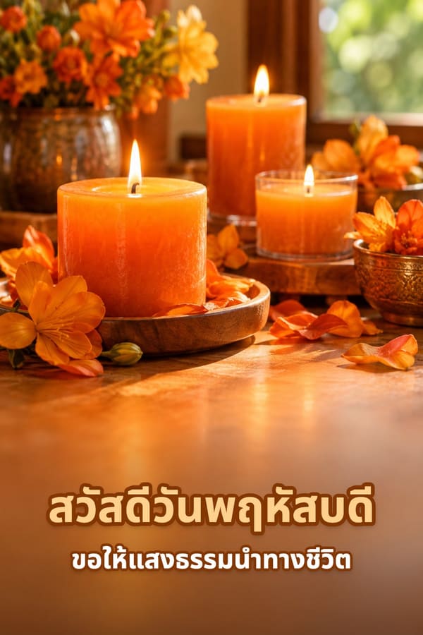 สวัสดีวันพฤหัสบดี ขอให้แสงธรรมนำทางชีวิต – เทียนสีส้มจุดสว่างกับกลีบดอกไม้สีส้มบนโต๊ะไม้