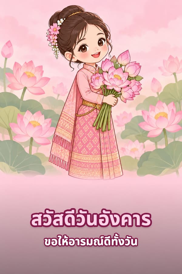 สวัสดีวันอังคาร ขอให้อารมณ์ดีทั้งวัน – เด็กหญิงชุดไทยสีชมพูอุ้มช่อดอกบัวชมพูกลางสระบัว