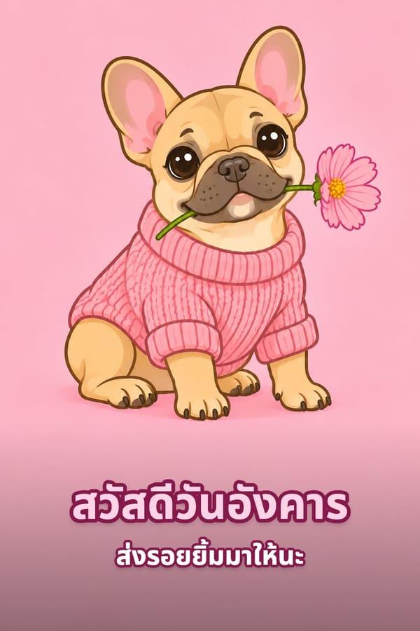 สวัสดีวันอังคาร ส่งรอยยิ้มมาให้นะ – ลูกหมาเฟรนช์บูลด็อกสีน้ำตาลอ่อนใส่เสื้อไหมพรมชมพูคาบดอกคอสมอส