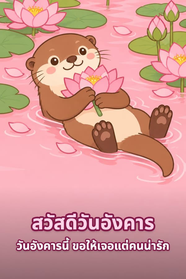 สวัสดีวันอังคาร วันอังคารนี้ ขอให้เจอแต่คนน่ารัก – นากสีน้ำตาลนอนหงายลอยน้ำกอดดอกบัวสีชมพู