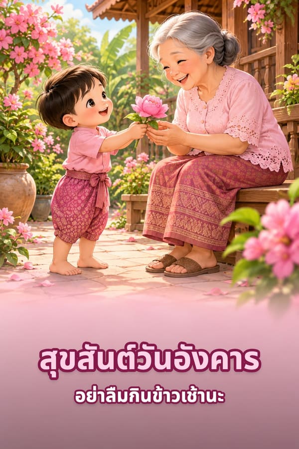 สุขสันต์วันอังคาร อย่าลืมกินข้าวเช้านะ – หลานชายยื่นดอกไม้สีชมพูให้คุณยายที่นั่งยิ้มหน้าบ้านไม้