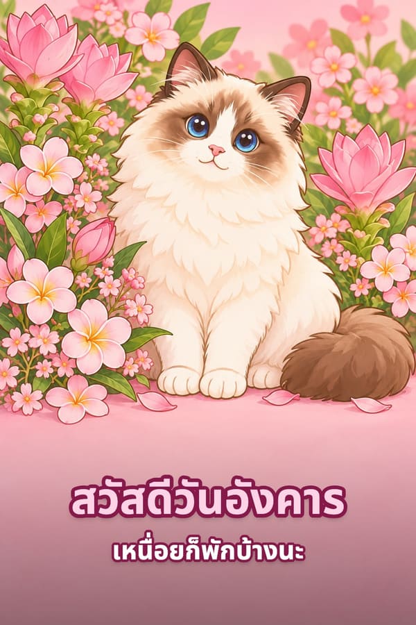 สวัสดีวันอังคาร เหนื่อยก็พักบ้างนะ – แมวแร็กดอลล์ขนขาวหน้าน้ำตาลตาสีฟ้านั่งกลางดอกลีลาวดีชมพู