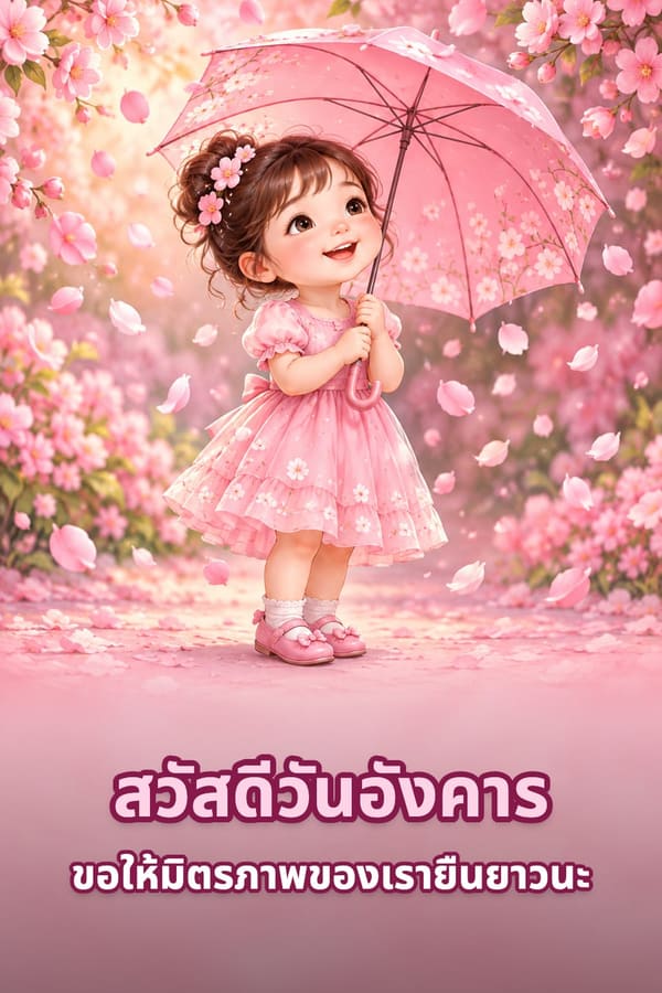 สวัสดีวันอังคาร ขอให้มิตรภาพของเรายืนยาวนะ – เด็กหญิงตัวน้อยชุดกระโปรงชมพูกางร่มกลางกลีบดอกไม้ร่วง
