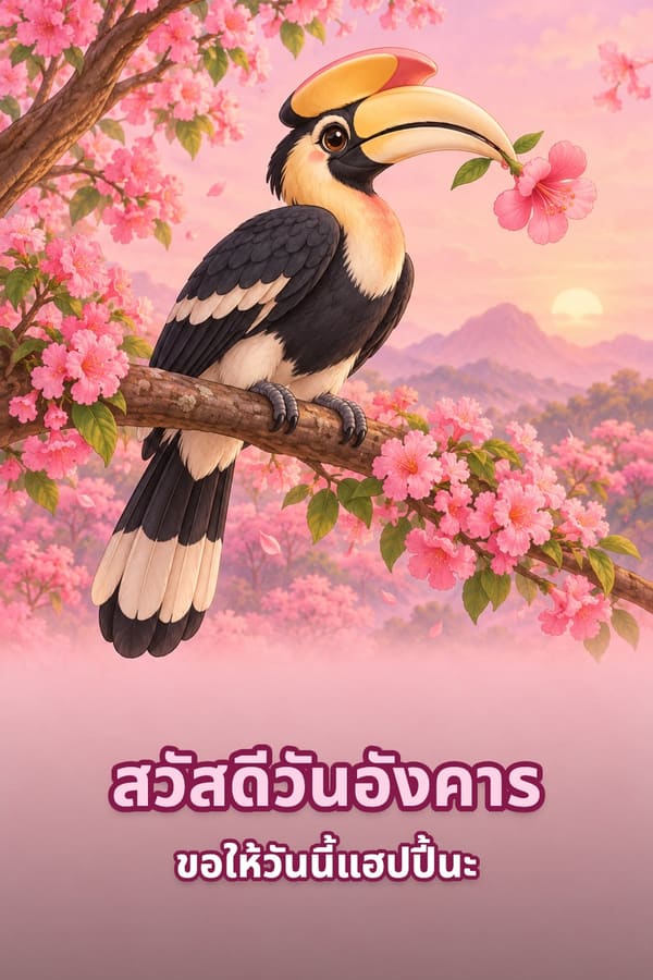 สวัสดีวันอังคาร ขอให้วันนี้แฮปปี้นะ – นกเงือกคาบดอกไม้สีชมพูเกาะกิ่งไม้ดอกบานยามเช้า