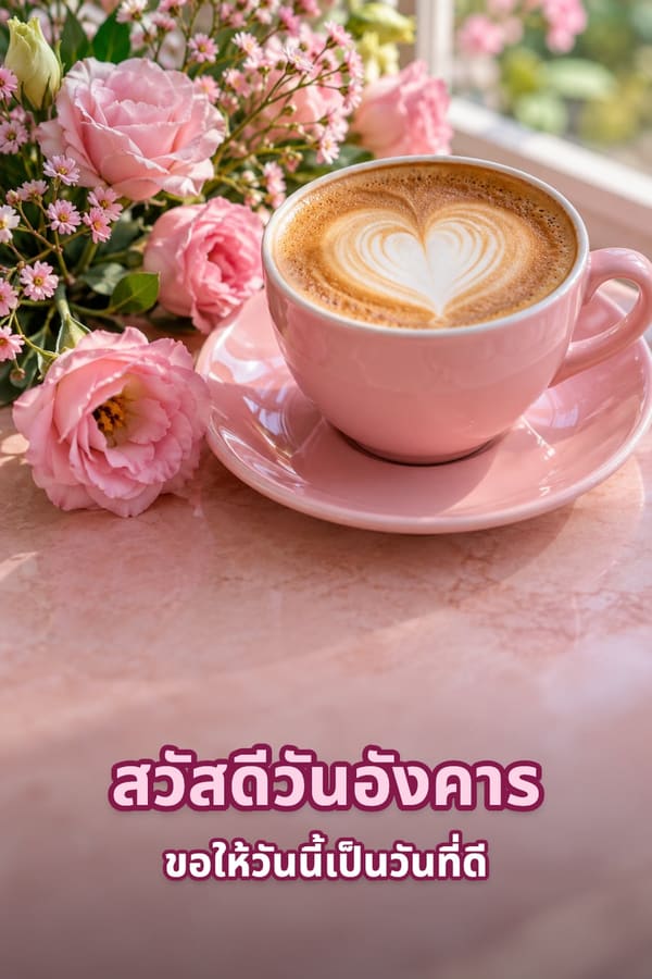 สวัสดีวันอังคาร ขอให้วันนี้เป็นวันที่ดี – กาแฟลาเต้ลายหัวใจในถ้วยสีชมพูข้างช่อดอกไม้สีชมพู