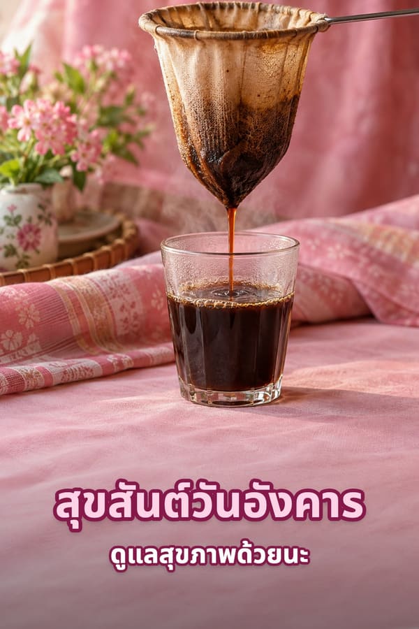 สุขสันต์วันอังคาร ดูแลสุขภาพด้วยนะ – ถุงชงกาแฟโบราณหยดกาแฟดำลงแก้วบนผ้าลายสีชมพู