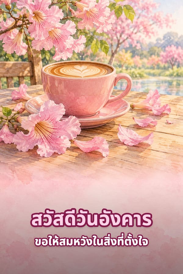 สวัสดีวันอังคาร ขอให้สมหวังในสิ่งที่ตั้งใจ – ถ้วยกาแฟสีชมพูบนโต๊ะไม้กับดอกชมพูพันธุ์ทิพย์ร่วง
