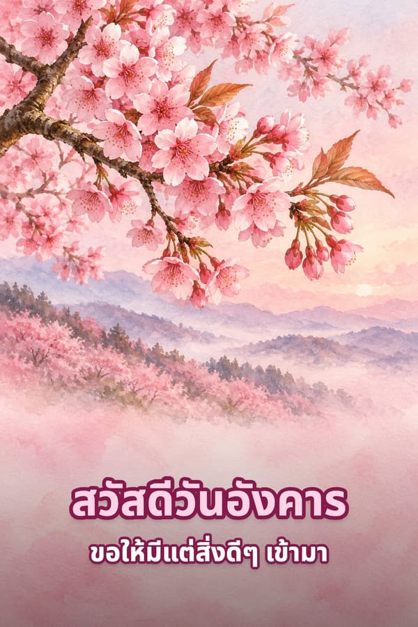 สวัสดีวันอังคาร ขอให้มีแต่สิ่งดีๆ เข้ามา – ดอกนางพญาเสือโคร่งสีชมพูบนกิ่งเหนือทิวเขาในสายหมอก