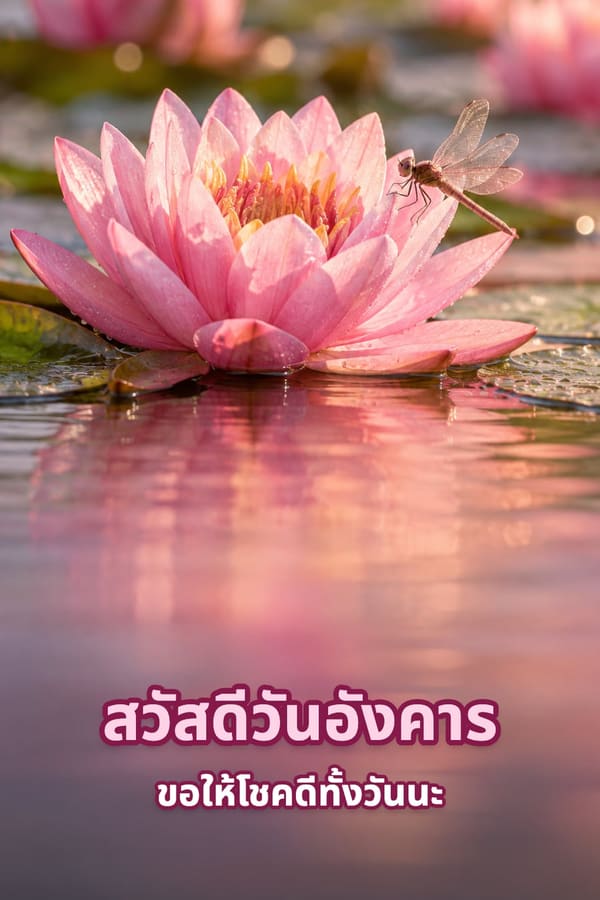 สวัสดีวันอังคาร ขอให้โชคดีทั้งวันนะ – ดอกบัวสายสีชมพูมีแมลงปอเกาะบนผิวน้ำนิ่ง