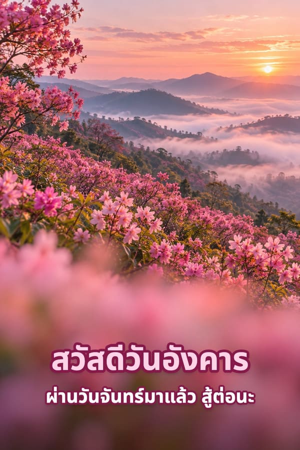 สวัสดีวันอังคาร ผ่านวันจันทร์มาแล้ว สู้ต่อนะ – เนินเขาดอกไม้สีชมพูกับทิวเขาในสายหมอกยามพระอาทิตย์ขึ้น
