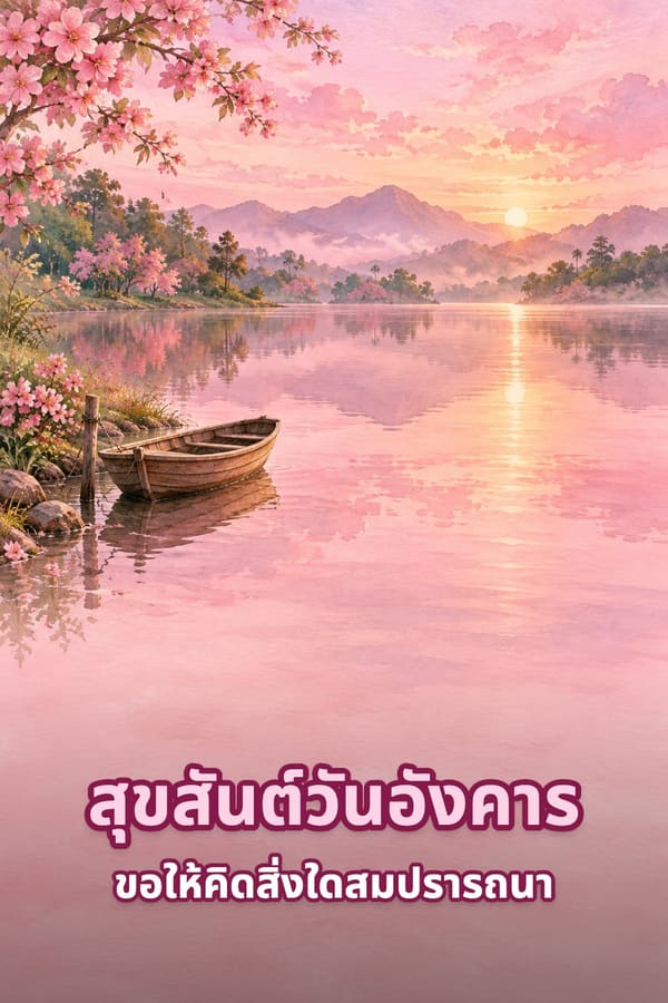 สุขสันต์วันอังคาร ขอให้คิดสิ่งใดสมปรารถนา – ทะเลสาบสะท้อนฟ้าสีชมพูยามเช้ากับเรือไม้ลำเล็กริมฝั่ง