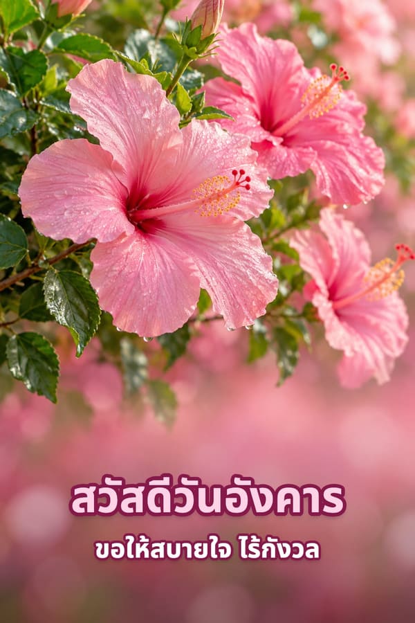 สวัสดีวันอังคาร ขอให้สบายใจ ไร้กังวล – ดอกชบาสีชมพูมีหยดน้ำค้างยามเช้า