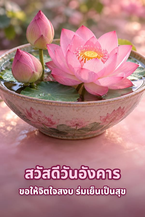 สวัสดีวันอังคาร ขอให้จิตใจสงบ ร่มเย็นเป็นสุข – ดอกบัวสีชมพูบานกับดอกตูมในชามกระเบื้องใส่น้ำ
