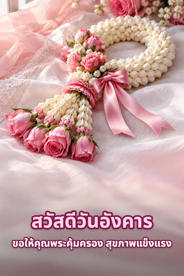 สวัสดีวันอังคาร ขอให้คุณพระคุ้มครอง สุขภาพแข็งแรง – พวงมาลัยดอกมะลิประดับกุหลาบชมพูบนผ้าสีขาว
