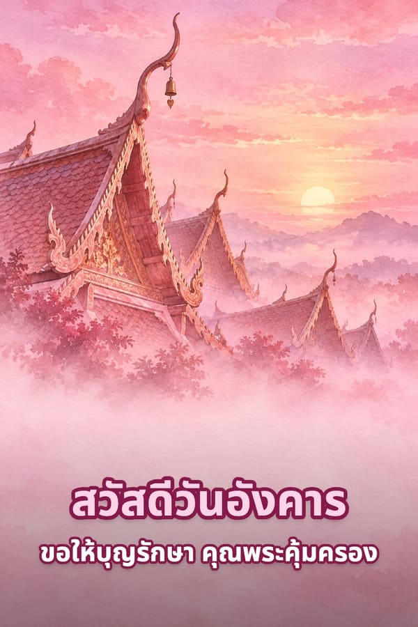 สวัสดีวันอังคาร ขอให้บุญรักษา คุณพระคุ้มครอง – หลังคาโบสถ์ไทยมีช่อฟ้าและกระดิ่งในสายหมอกฟ้าสีชมพู