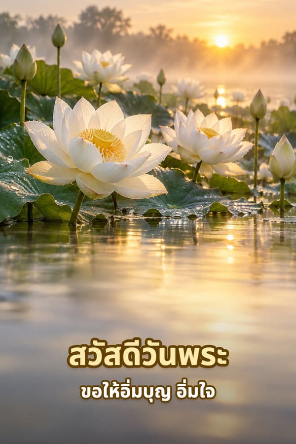 สวัสดีวันพระ ขอให้อิ่มบุญ อิ่มใจ – ดอกบัวขาวบานในบึงยามรุ่งอรุณท่ามกลางหมอกและแสงทอง