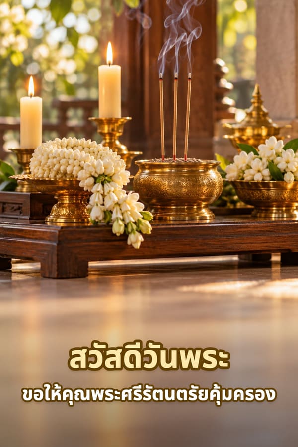 สวัสดีวันพระ ขอให้คุณพระศรีรัตนตรัยคุ้มครอง – เทียนสองเล่ม ธูปสามดอก และมาลัยมะลิบนโต๊ะบูชาไม้