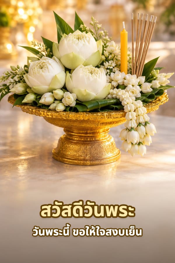 สวัสดีวันพระ วันพระนี้ ขอให้ใจสงบเย็น – พานทองใส่ดอกบัวพับกลีบ มาลัยมะลิ ธูปและเทียน