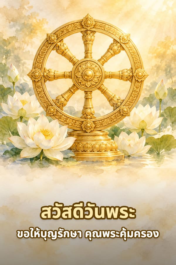 สวัสดีวันพระ ขอให้บุญรักษา คุณพระคุ้มครอง – ธรรมจักรสีทองบนฐานบัว ล้อมด้วยดอกบัวขาว ภาพสีน้ำ