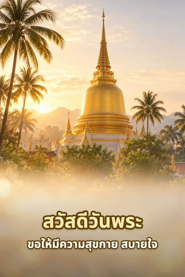 สวัสดีวันพระ ขอให้มีความสุขกาย สบายใจ – เจดีย์สีทองท่ามกลางต้นมะพร้าวและหมอกยามรุ่งอรุณ