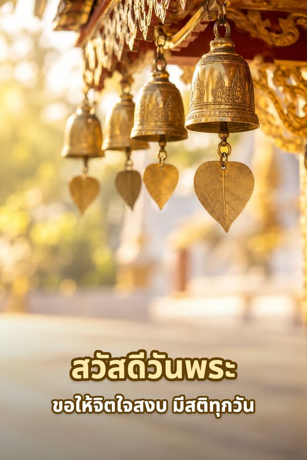 สวัสดีวันพระ ขอให้จิตใจสงบ มีสติทุกวัน – กระดิ่งทองเหลืองห้อยใบโพธิ์ใต้ชายคาวัดในแสงเช้า