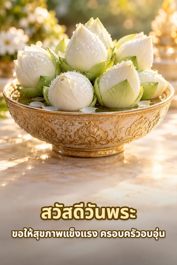 สวัสดีวันพระ ขอให้สุขภาพแข็งแรง ครอบครัวอบอุ่น – ดอกบัวตูมสีขาวเกาะหยดน้ำในขันลายทอง