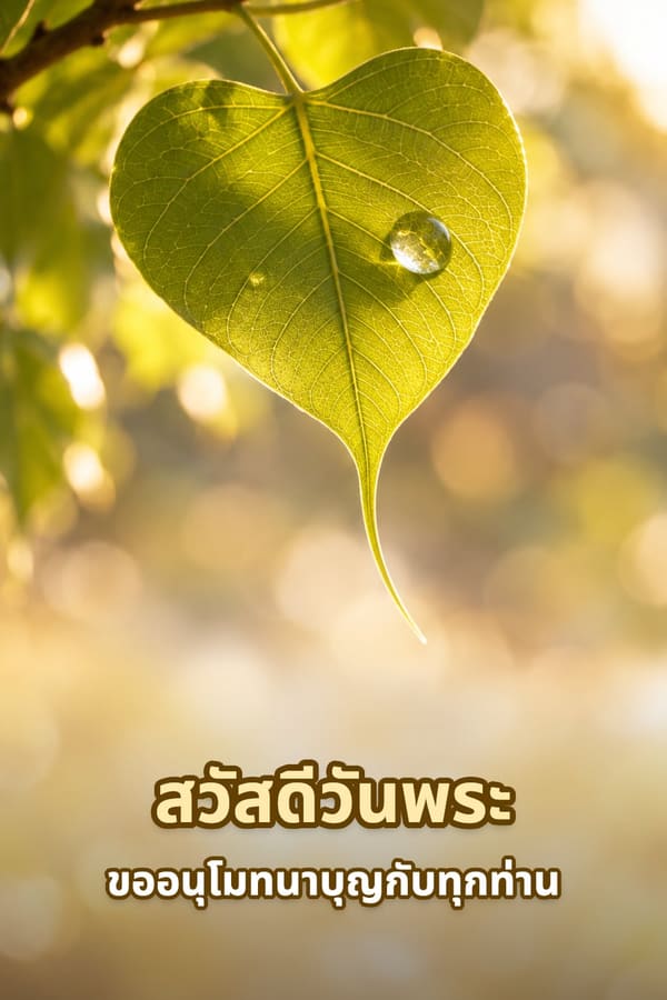 สวัสดีวันพระ ขออนุโมทนาบุญกับทุกท่าน – ใบโพธิ์รูปหัวใจกับหยดน้ำค้างในแสงทองยามเช้า