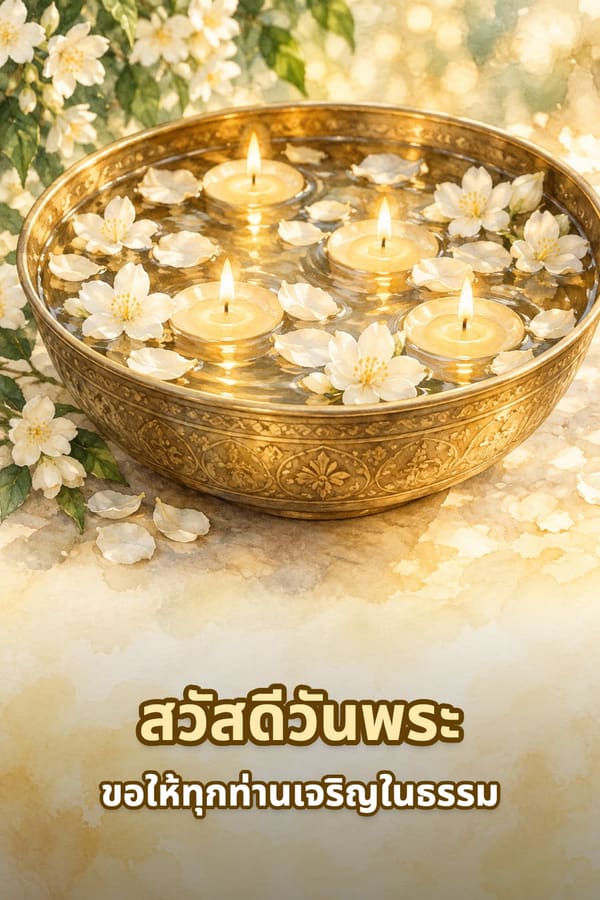 สวัสดีวันพระ ขอให้ทุกท่านเจริญในธรรม – เทียนลอยในขันน้ำทองเหลืองกับดอกไม้สีขาว ภาพสีน้ำ