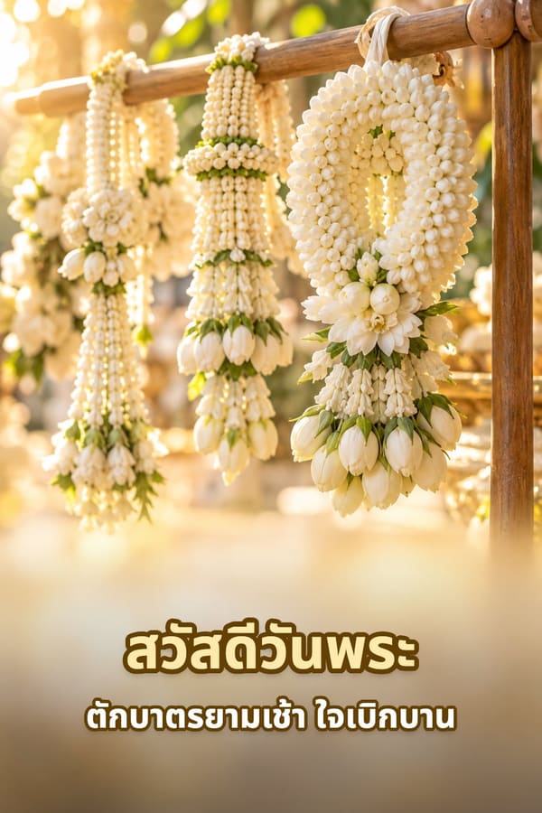 สวัสดีวันพระ ตักบาตรยามเช้า ใจเบิกบาน – พวงมาลัยมะลิแขวนบนราวไม้ในแสงเช้า