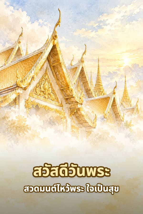สวัสดีวันพระ สวดมนต์ไหว้พระ ใจเป็นสุข – หลังคาโบสถ์และช่อฟ้าสีทองท่ามกลางเมฆหมอก ภาพสีน้ำ