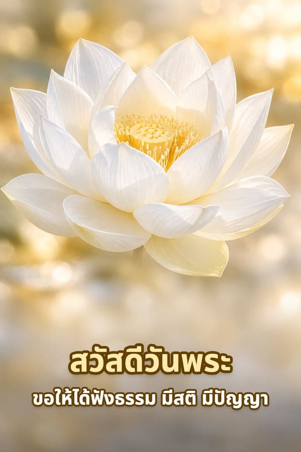 สวัสดีวันพระ ขอให้ได้ฟังธรรม มีสติ มีปัญญา – ดอกบัวขาวบานเต็มดอกบนพื้นหลังแสงทองนวล