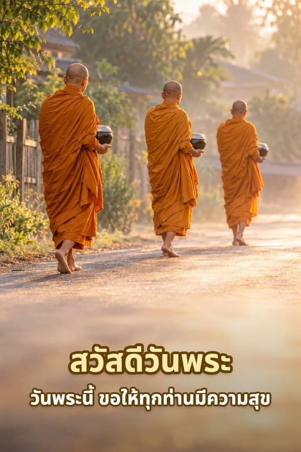 สวัสดีวันพระ วันพระนี้ ขอให้ทุกท่านมีความสุข – พระสงฆ์สามรูปอุ้มบาตรออกบิณฑบาตยามเช้าบนถนนในหมู่บ้าน