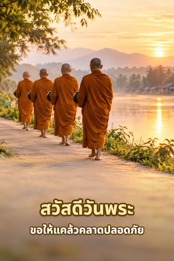 สวัสดีวันพระ ขอให้แคล้วคลาดปลอดภัย – พระสงฆ์สี่รูปเดินเรียงแถวออกบิณฑบาตริมแม่น้ำยามรุ่งอรุณ