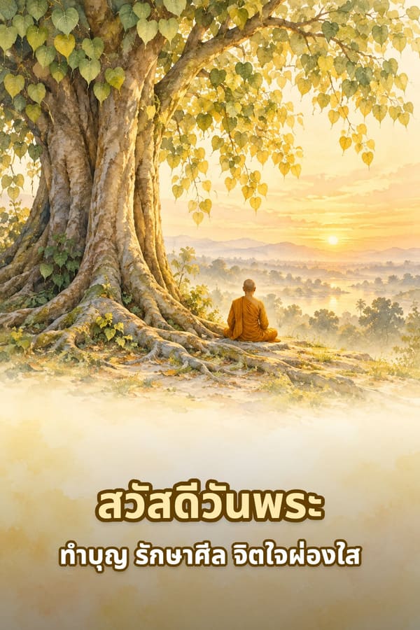 สวัสดีวันพระ ทำบุญ รักษาศีล จิตใจผ่องใส – พระสงฆ์นั่งสมาธิใต้ต้นโพธิ์ยามรุ่งอรุณ ภาพสีน้ำ