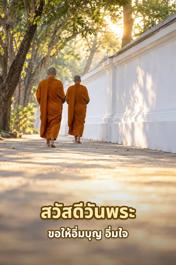 สวัสดีวันพระ ขอให้อิ่มบุญ อิ่มใจ – พระสงฆ์สองรูปเดินออกบิณฑบาตเลียบกำแพงวัดสีขาวในแสงเช้า