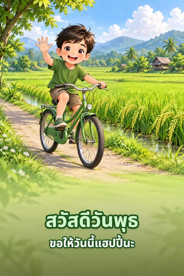 สวัสดีวันพุธ ขอให้วันนี้แฮปปี้นะ – เด็กชายเสื้อเขียวปั่นจักรยานโบกมือริมทุ่งนาเขียว