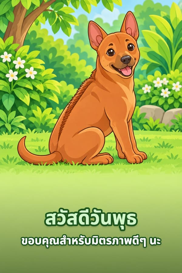 สวัสดีวันพุธ ขอบคุณสำหรับมิตรภาพดีๆ นะ – สุนัขไทยหลังอานสีน้ำตาลแดงนั่งยิ้มบนสนามหญ้าเขียว
