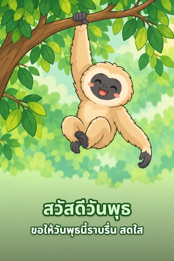 สวัสดีวันพุธ ขอให้วันพุธนี้ราบรื่น สดใส – ชะนีขนสีครีมห้อยโหนกิ่งไม้ด้วยแขนข้างเดียว