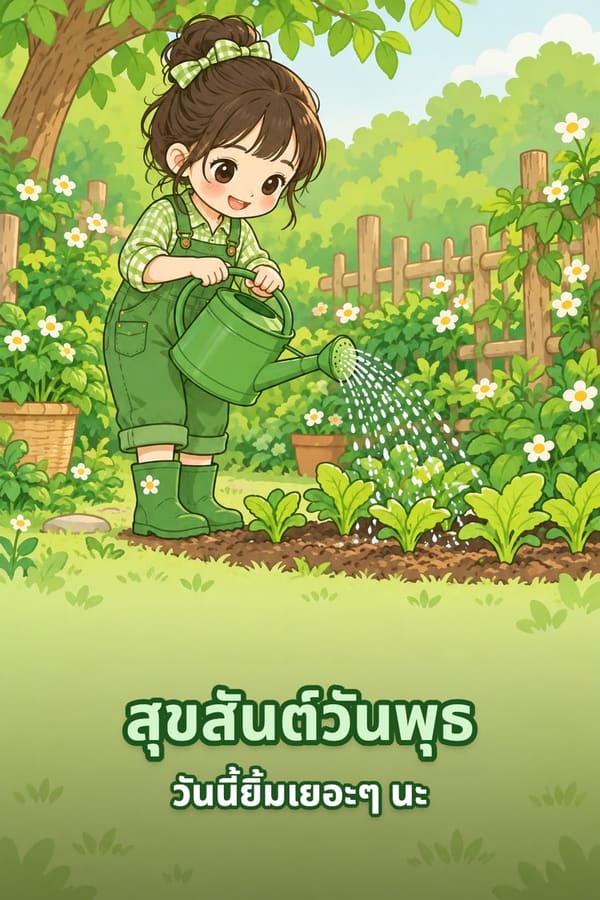 สุขสันต์วันพุธ วันนี้ยิ้มเยอะๆ นะ – เด็กหญิงชุดเอี๊ยมสีเขียวรดน้ำต้นกล้าด้วยบัวรดน้ำสีเขียว