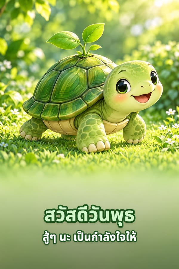 สวัสดีวันพุธ สู้ๆ นะ เป็นกำลังใจให้ – เต่าสีเขียวยิ้มแย้มมีต้นอ่อนงอกบนกระดองเดินบนสนามหญ้า